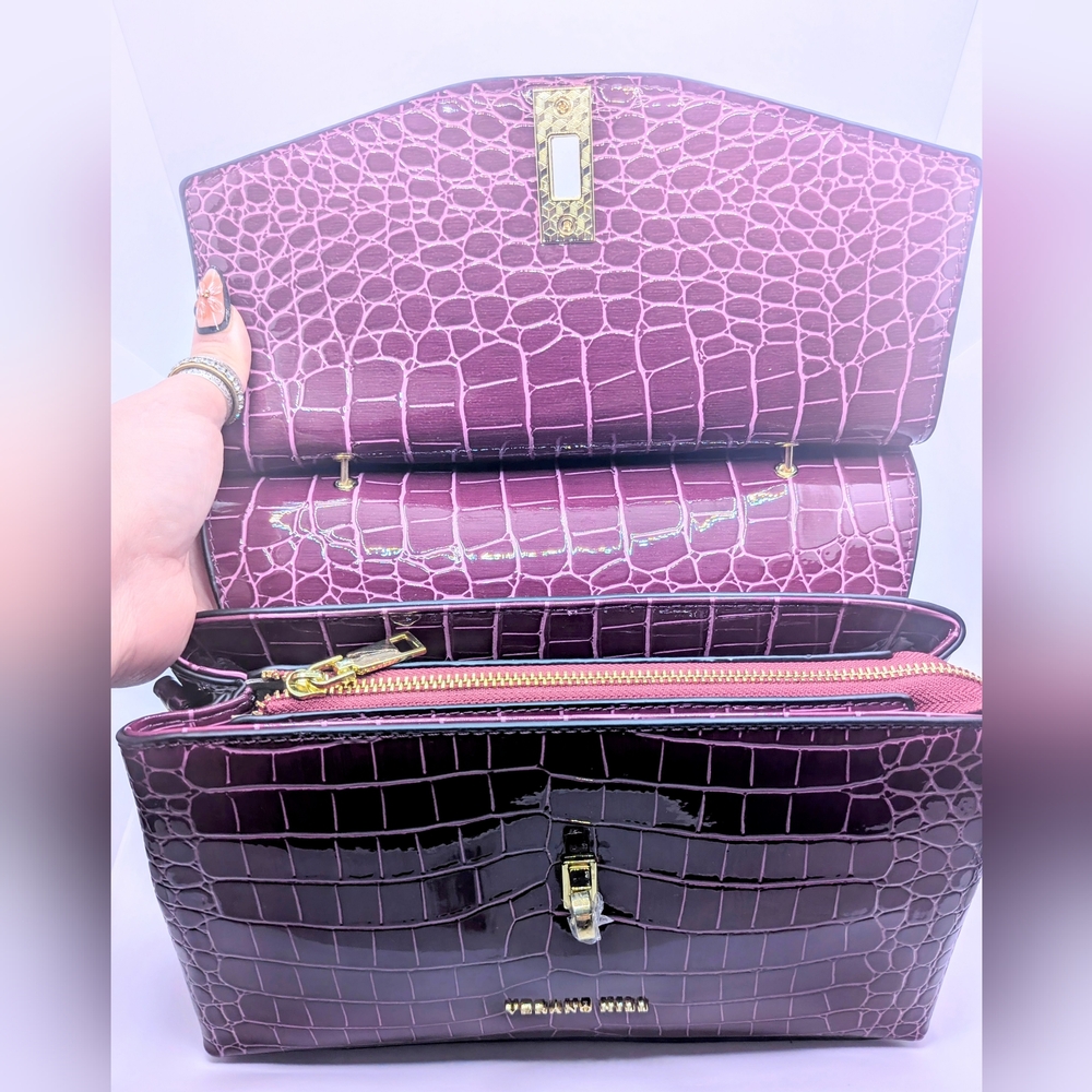 NWT ⭐VIBRANT⭐ Verano Hill Purple Croc-Embossed Satchel with Iridescent Flap - Picture 4 of 6